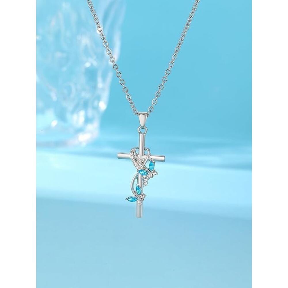 Sterling Silver Bow Cross Pendant Necklace with Blue Gemstones New Open Package
